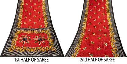 Sanskriti Vintage Saree Red Pure Cotton Floral Printed Craft Fabric Indian Sari