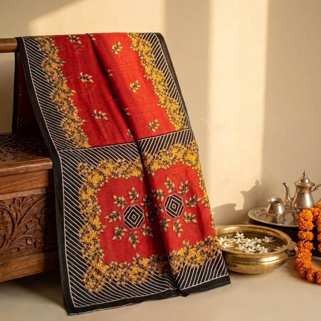 Sanskriti Vintage Saree Red Pure Cotton Floral Printed Craft Fabric Indian Sari