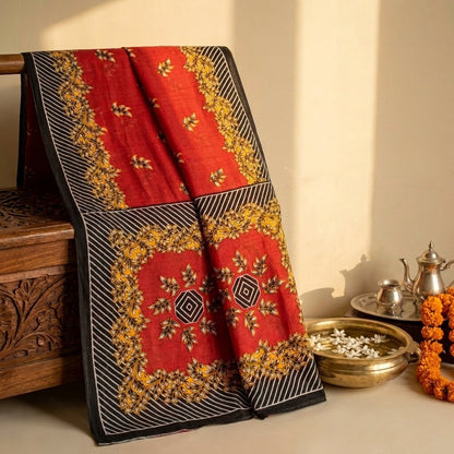 Sanskriti Vintage Saree Red Pure Cotton Floral Printed Craft Fabric Indian Sari