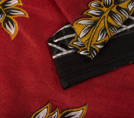 Sanskriti Vintage Saree Red Pure Cotton Floral Printed Craft Fabric Indian Sari