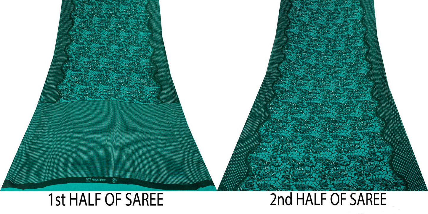 Sanskriti Vintage Saree Green 100% Pure Cotton Floral Printed Fabric 5+Yard Craft Sewing Sari
