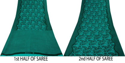 Sanskriti Vintage Saree Green 100% Pure Cotton Floral Printed Fabric 5+Yard Craft Sewing Sari
