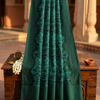 Sanskriti Vintage Saree Green 100% Pure Cotton Floral Printed Fabric 5+Yard Craft Sewing Sari