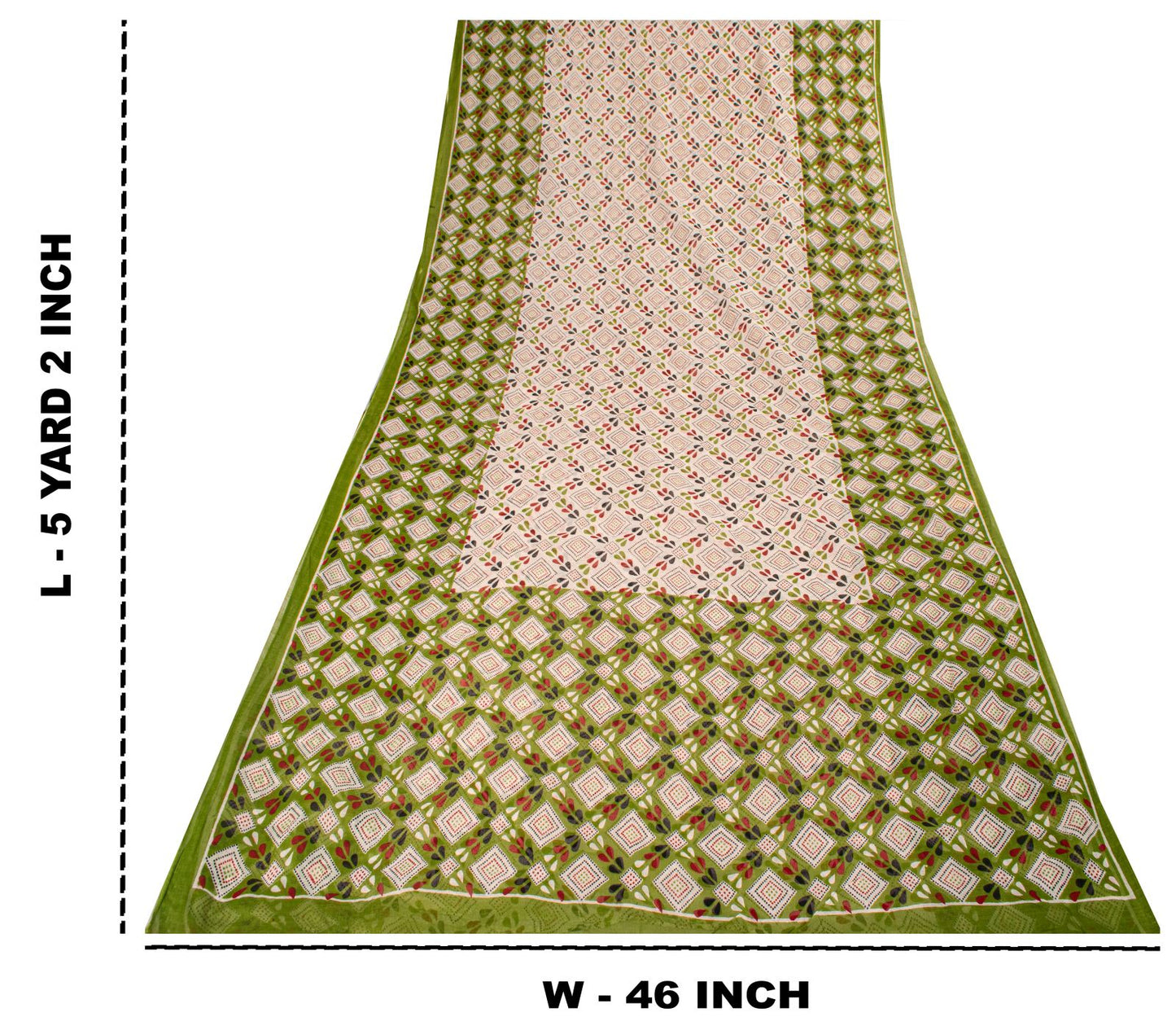 Sanskriti Vintage Saree White-Green 100% Pure Cotton Bandhani Printed Geometric Fabric 5+Yard Craft Sari
