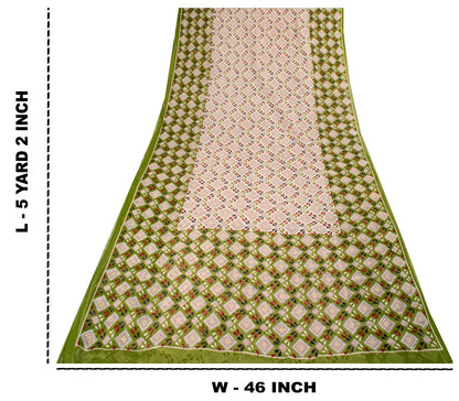 Sanskriti Vintage Saree White-Green 100% Pure Cotton Bandhani Printed Geometric Fabric 5+Yard Craft Sari