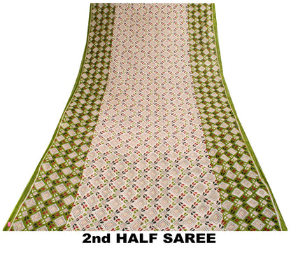 Sanskriti Vintage Saree White-Green 100% Pure Cotton Bandhani Printed Geometric Fabric 5+Yard Craft Sari