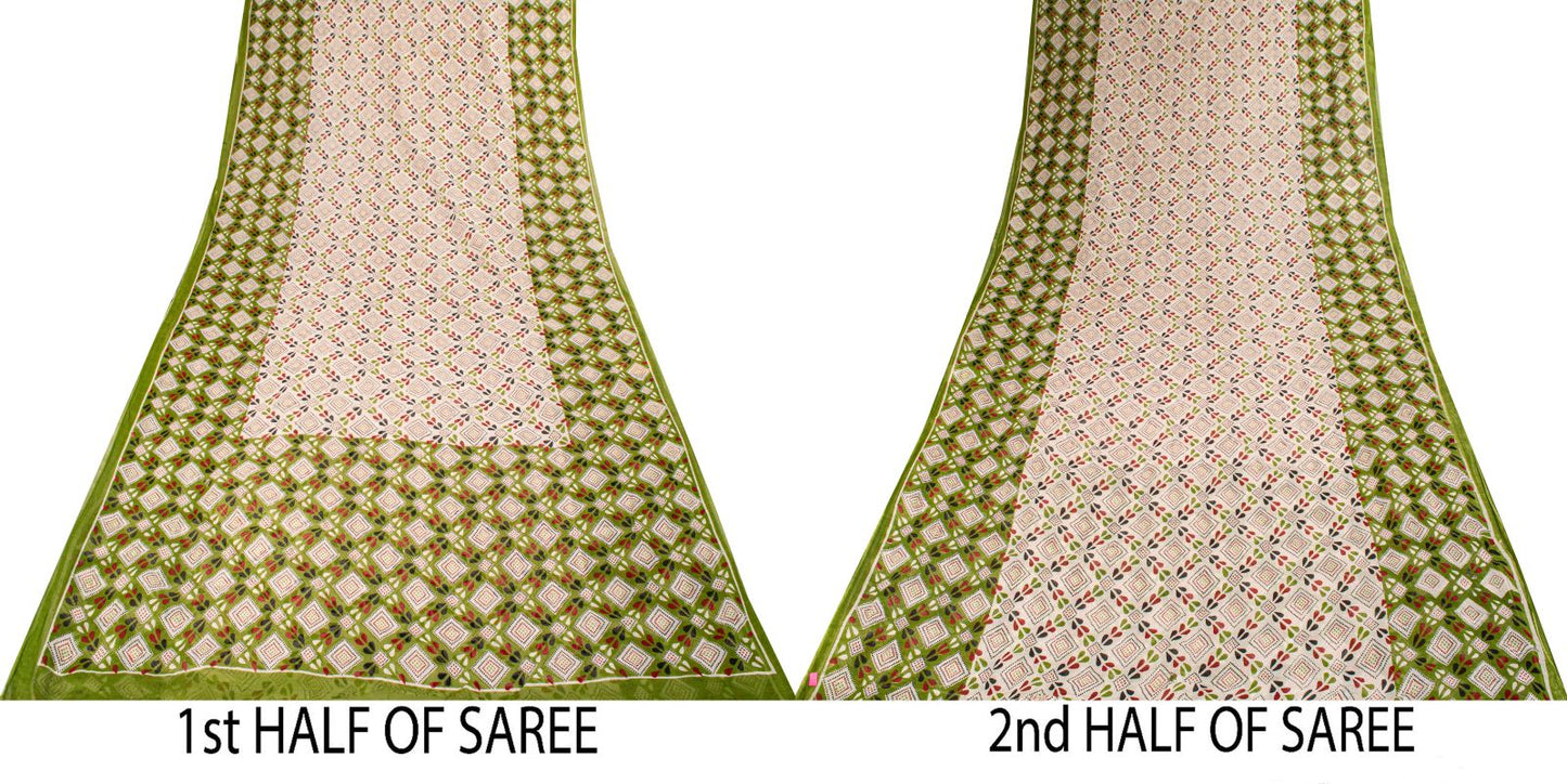Sanskriti Vintage Saree White-Green 100% Pure Cotton Bandhani Printed Geometric Fabric 5+Yard Craft Sari