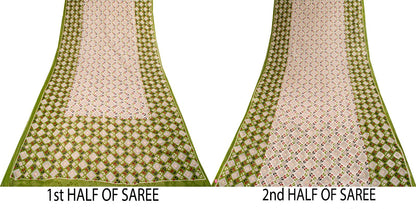 Sanskriti Vintage Saree White-Green 100% Pure Cotton Bandhani Printed Geometric Fabric 5+Yard Craft Sari