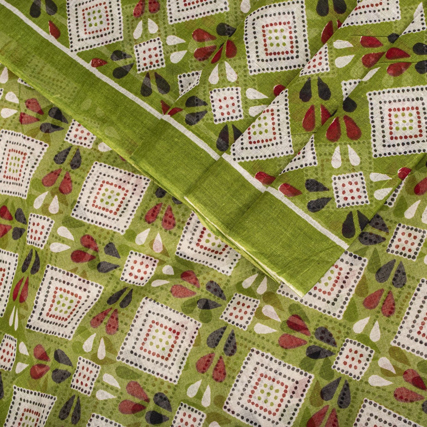 Sanskriti Vintage Saree White-Green 100% Pure Cotton Bandhani Printed Geometric Fabric 5+Yard Craft Sari