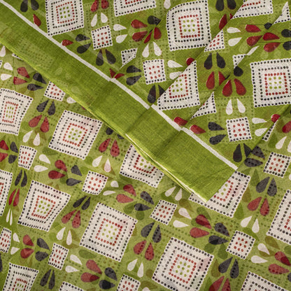 Sanskriti Vintage Saree White-Green 100% Pure Cotton Bandhani Printed Geometric Fabric 5+Yard Craft Sari