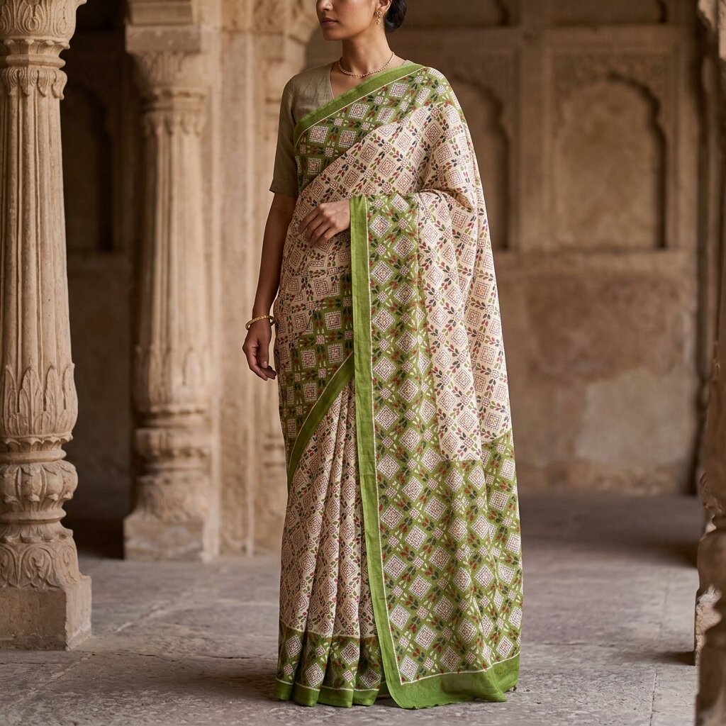 Sanskriti Vintage Saree White-Green 100% Pure Cotton Bandhani Printed Geometric Fabric 5+Yard Craft Sari