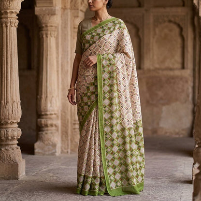 Sanskriti Vintage Saree White-Green 100% Pure Cotton Bandhani Printed Geometric Fabric 5+Yard Craft Sari