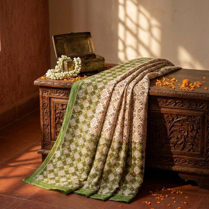 Sanskriti Vintage Saree White-Green 100% Pure Cotton Bandhani Printed Geometric Fabric 5+Yard Craft Sari