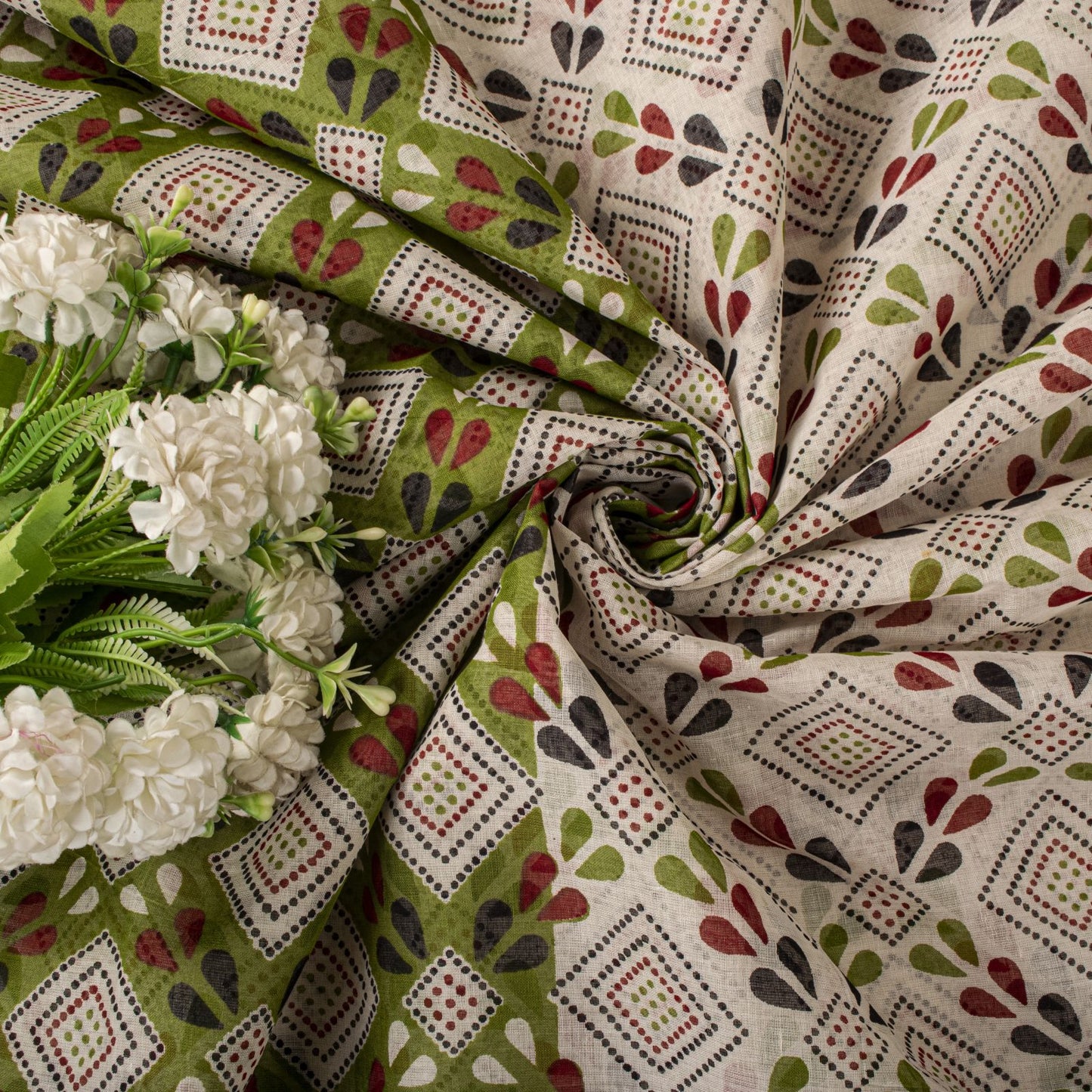 Sanskriti Vintage Saree White-Green 100% Pure Cotton Bandhani Printed Geometric Fabric 5+Yard Craft Sari