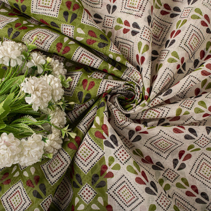 Sanskriti Vintage Saree White-Green 100% Pure Cotton Bandhani Printed Geometric Fabric 5+Yard Craft Sari