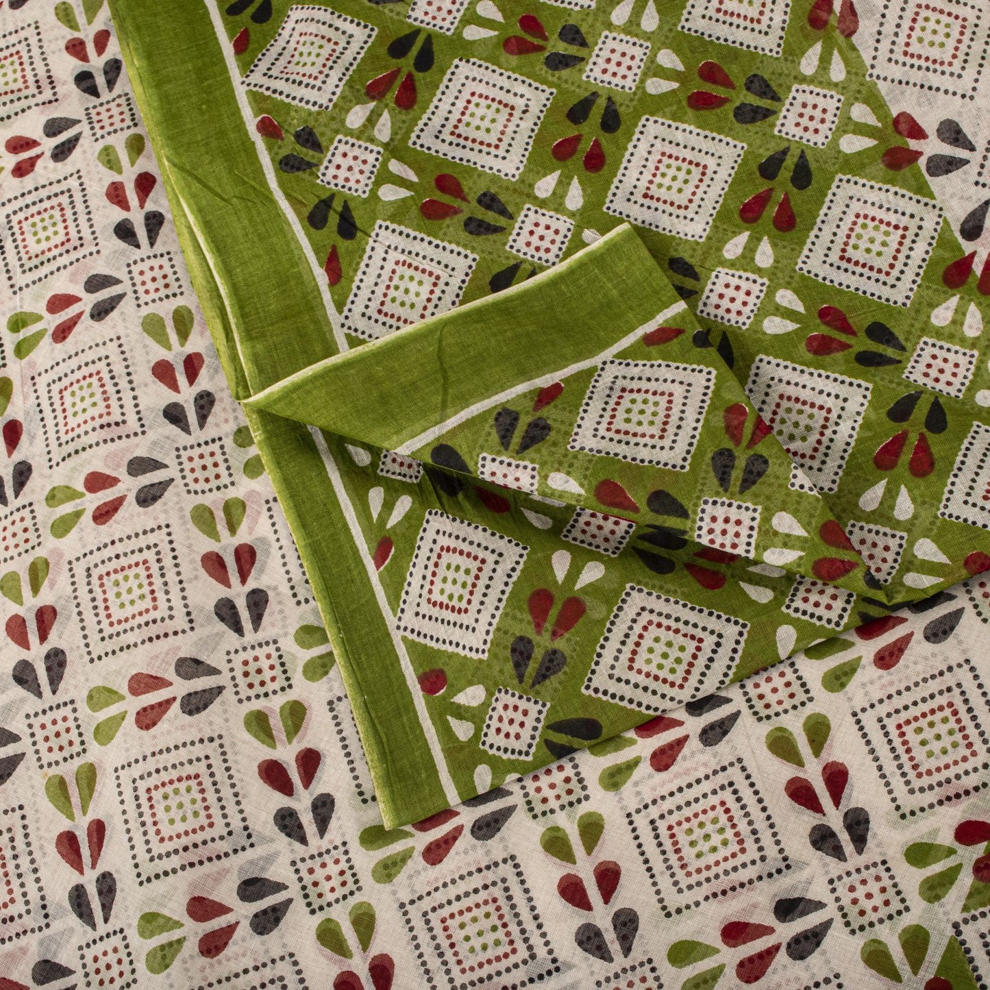 Sanskriti Vintage Saree White-Green 100% Pure Cotton Bandhani Printed Geometric Fabric 5+Yard Craft Sari