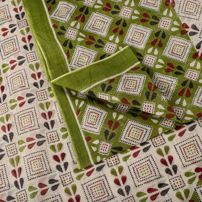Sanskriti Vintage Saree White-Green 100% Pure Cotton Bandhani Printed Geometric Fabric 5+Yard Craft Sari