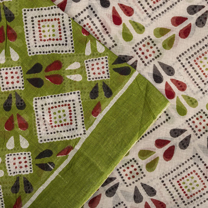 Sanskriti Vintage Saree White-Green 100% Pure Cotton Bandhani Printed Geometric Fabric 5+Yard Craft Sari