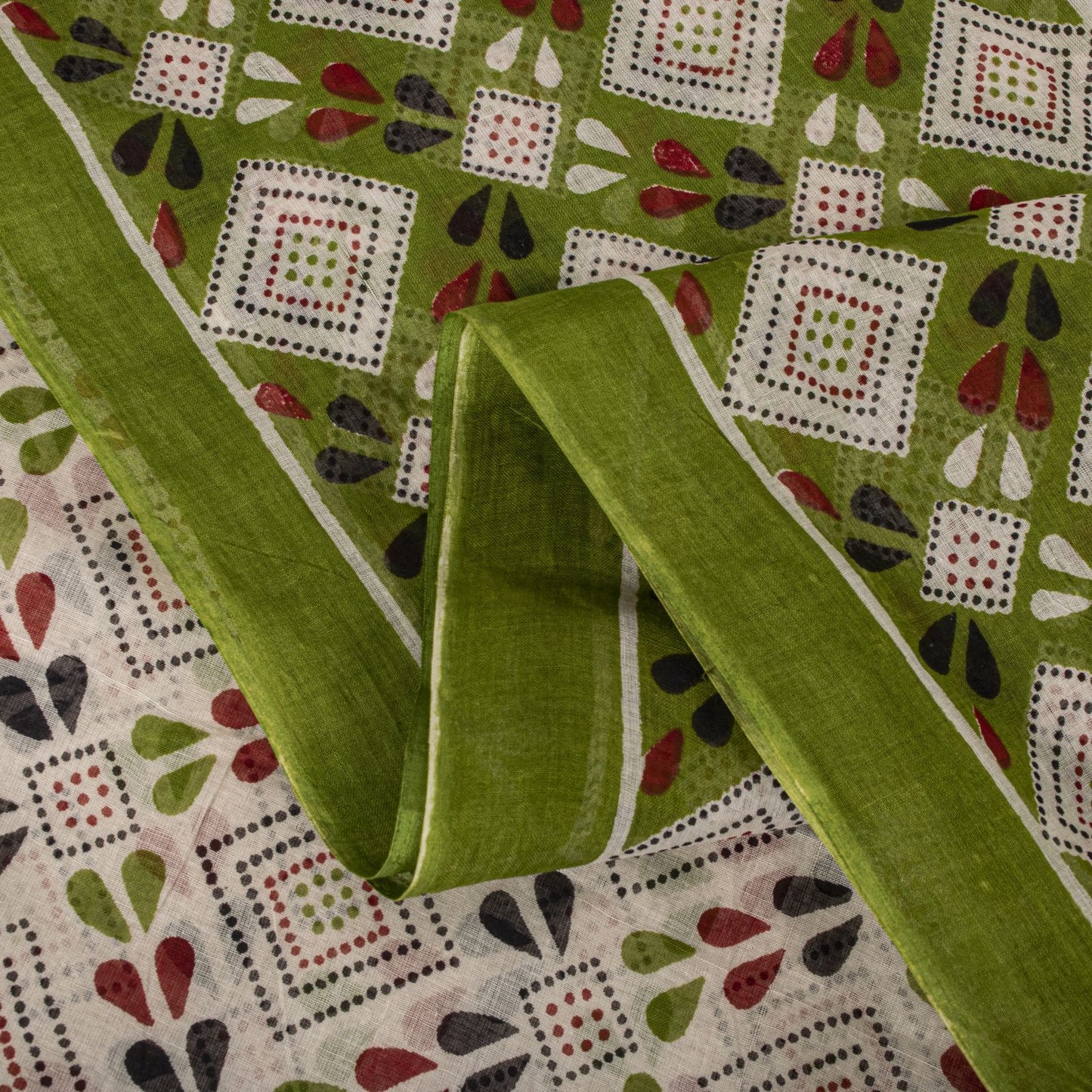 Sanskriti Vintage Saree White-Green 100% Pure Cotton Bandhani Printed Geometric Fabric 5+Yard Craft Sari