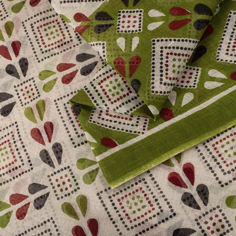 Sanskriti Vintage Saree White-Green 100% Pure Cotton Bandhani Printed Geometric Fabric 5+Yard Craft Sari