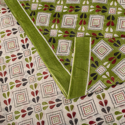 Sanskriti Vintage Saree White-Green 100% Pure Cotton Bandhani Printed Geometric Fabric 5+Yard Craft Sari