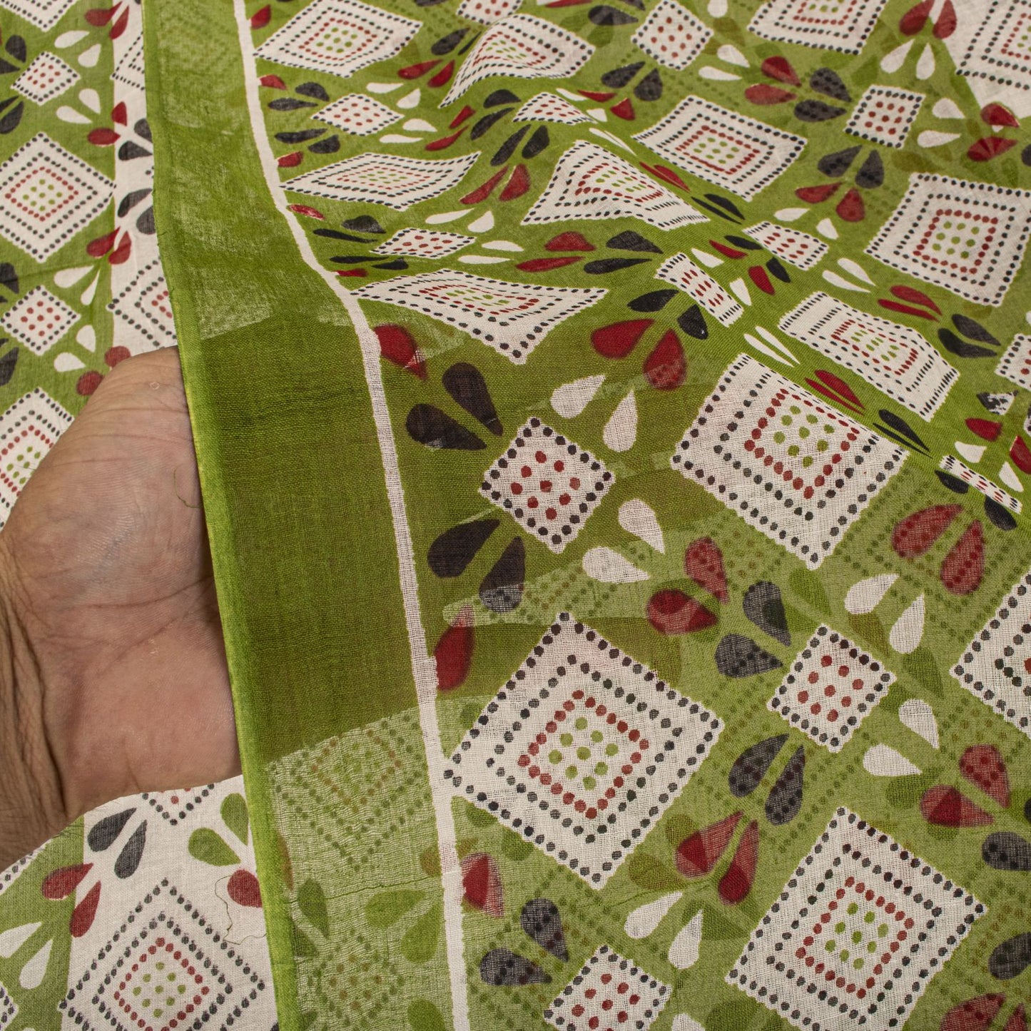 Sanskriti Vintage Saree White-Green 100% Pure Cotton Bandhani Printed Geometric Fabric 5+Yard Craft Sari