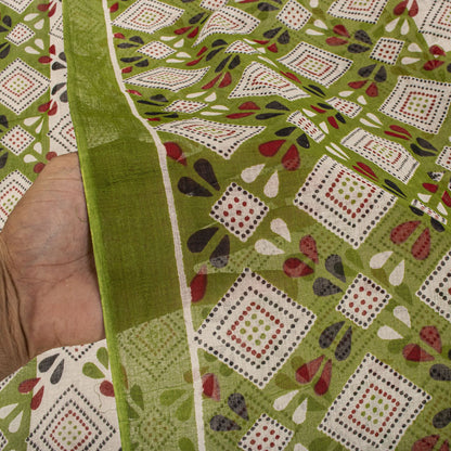 Sanskriti Vintage Saree White-Green 100% Pure Cotton Bandhani Printed Geometric Fabric 5+Yard Craft Sari