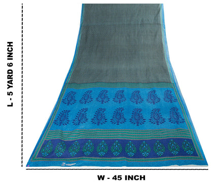 Sanskriti Vintage Saree Blue 100% Pure Cotton Ajrakh Inspired Geometric Printed Fabric 5+Yard Craft Fabric Sari