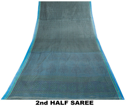 Sanskriti Vintage Saree Blue 100% Pure Cotton Ajrakh Inspired Geometric Printed Fabric 5+Yard Craft Fabric Sari
