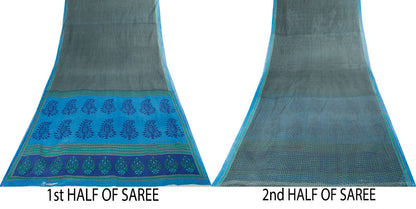 Sanskriti Vintage Saree Blue 100% Pure Cotton Ajrakh Inspired Geometric Printed Fabric 5+Yard Craft Fabric Sari