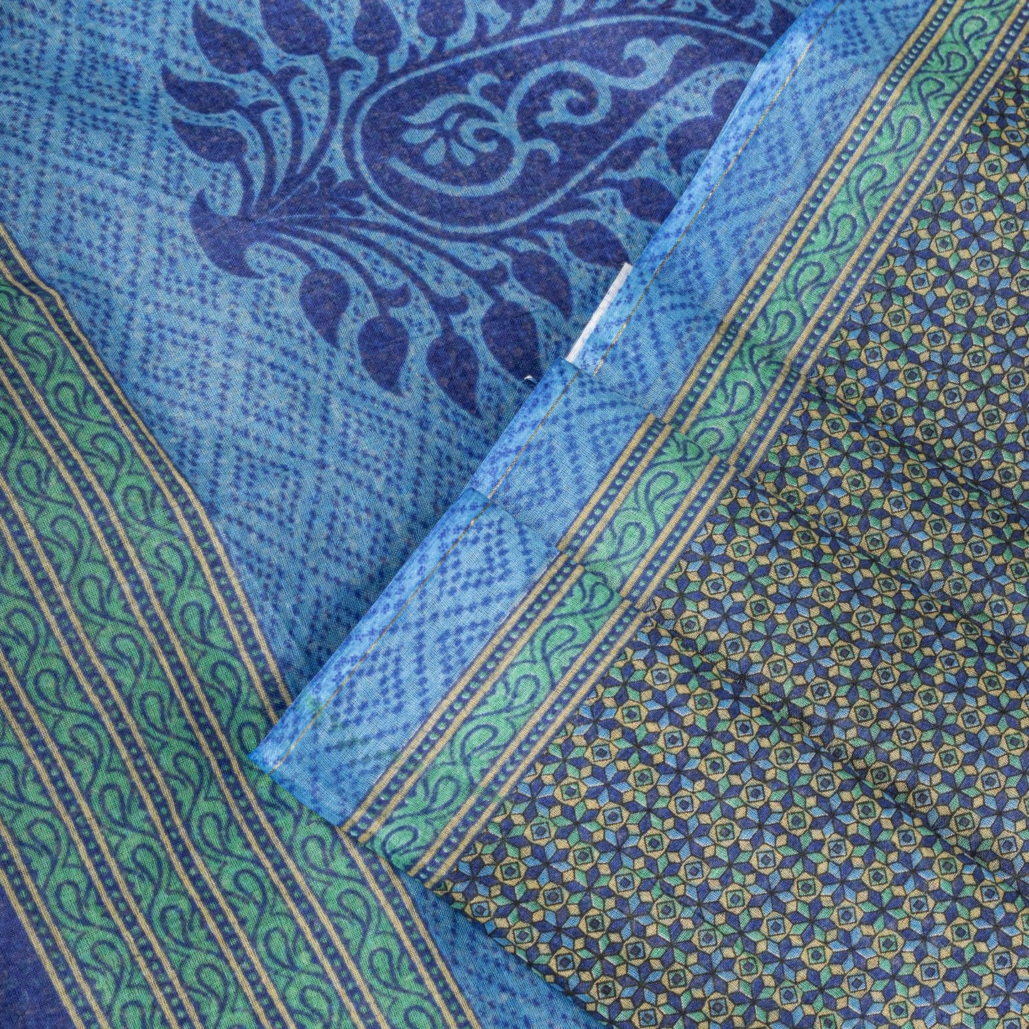 Sanskriti Vintage Saree Blue 100% Pure Cotton Ajrakh Inspired Geometric Printed Fabric 5+Yard Craft Fabric Sari