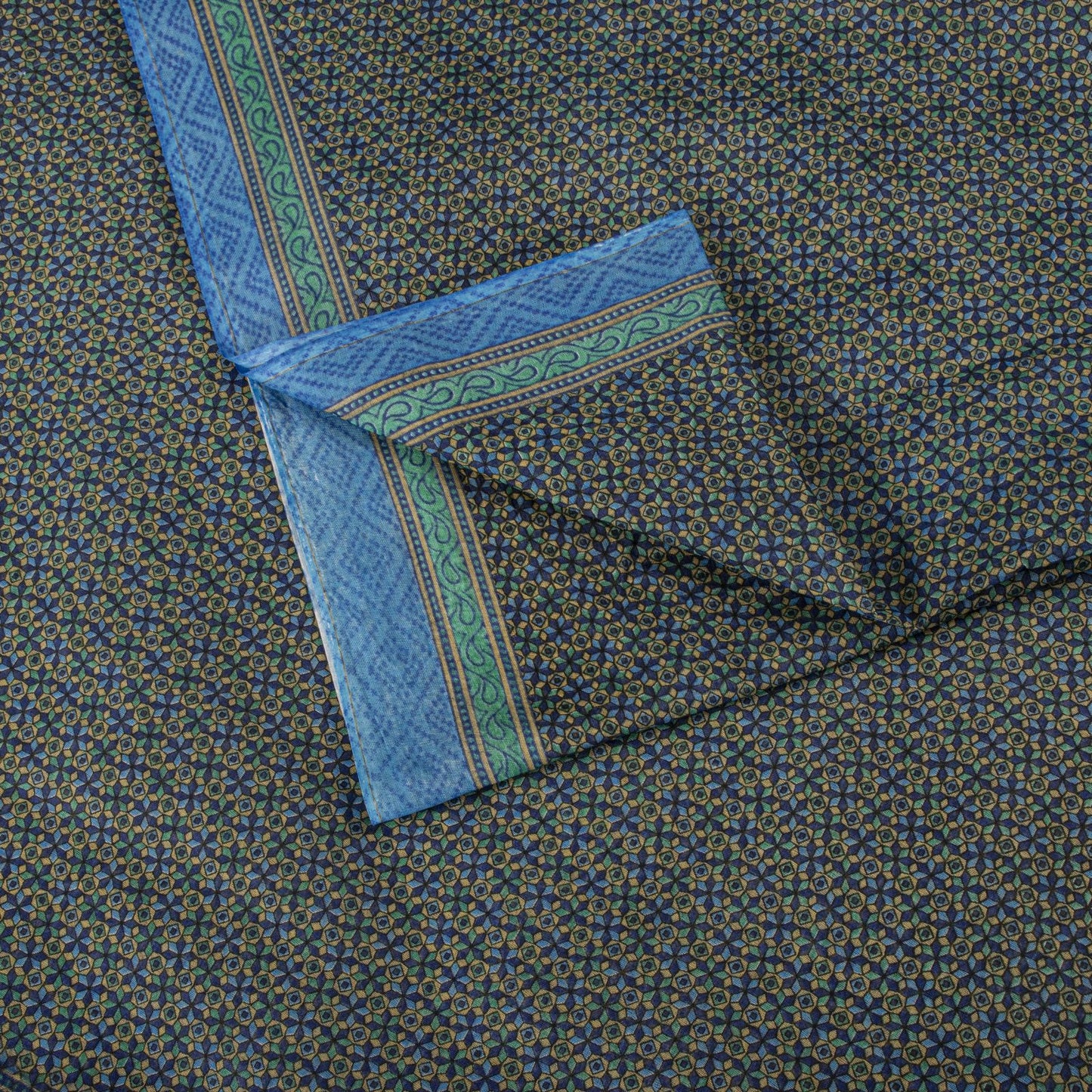 Sanskriti Vintage Saree Blue 100% Pure Cotton Ajrakh Inspired Geometric Printed Fabric 5+Yard Craft Fabric Sari