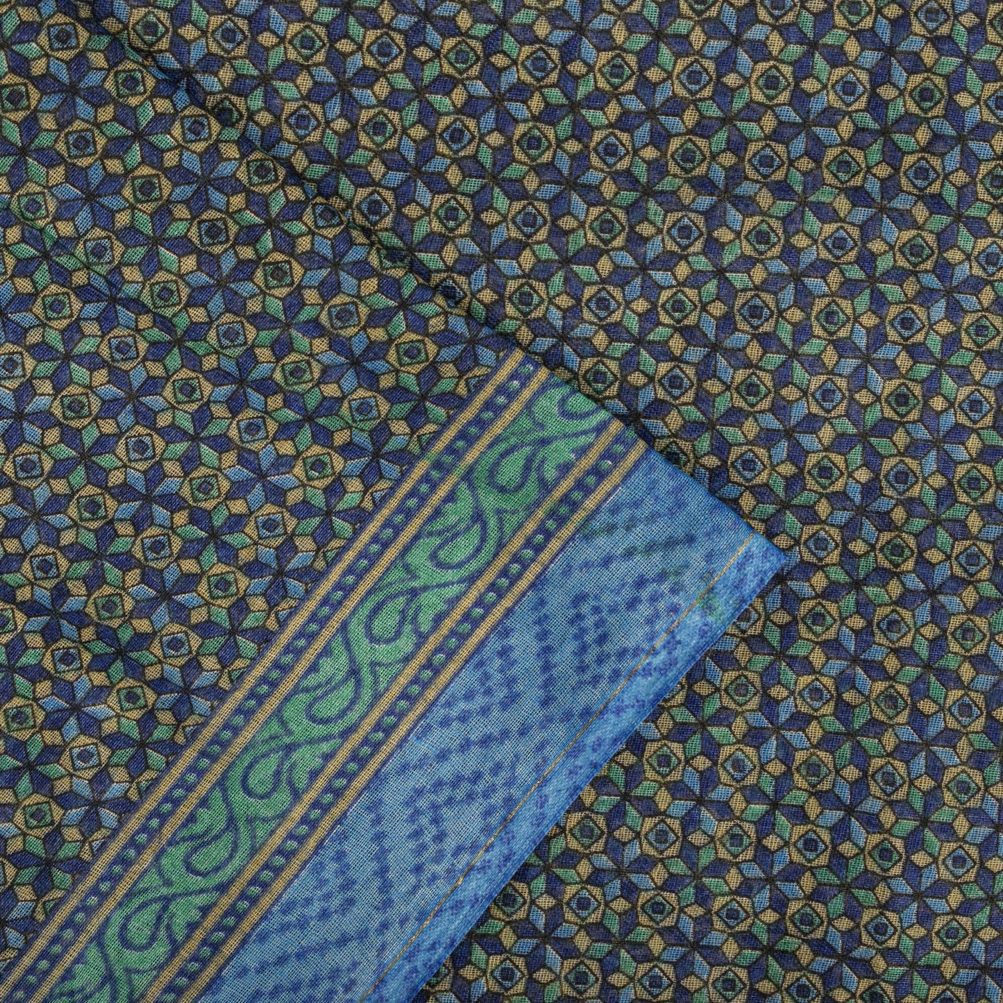 Sanskriti Vintage Saree Blue 100% Pure Cotton Ajrakh Inspired Geometric Printed Fabric 5+Yard Craft Fabric Sari