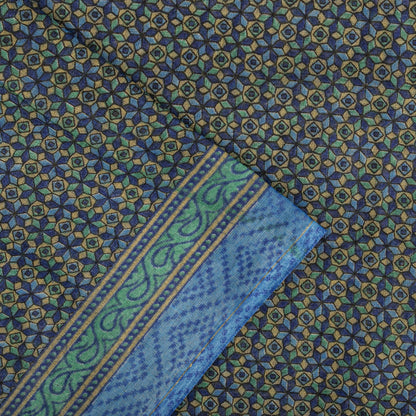 Sanskriti Vintage Saree Blue 100% Pure Cotton Ajrakh Inspired Geometric Printed Fabric 5+Yard Craft Fabric Sari