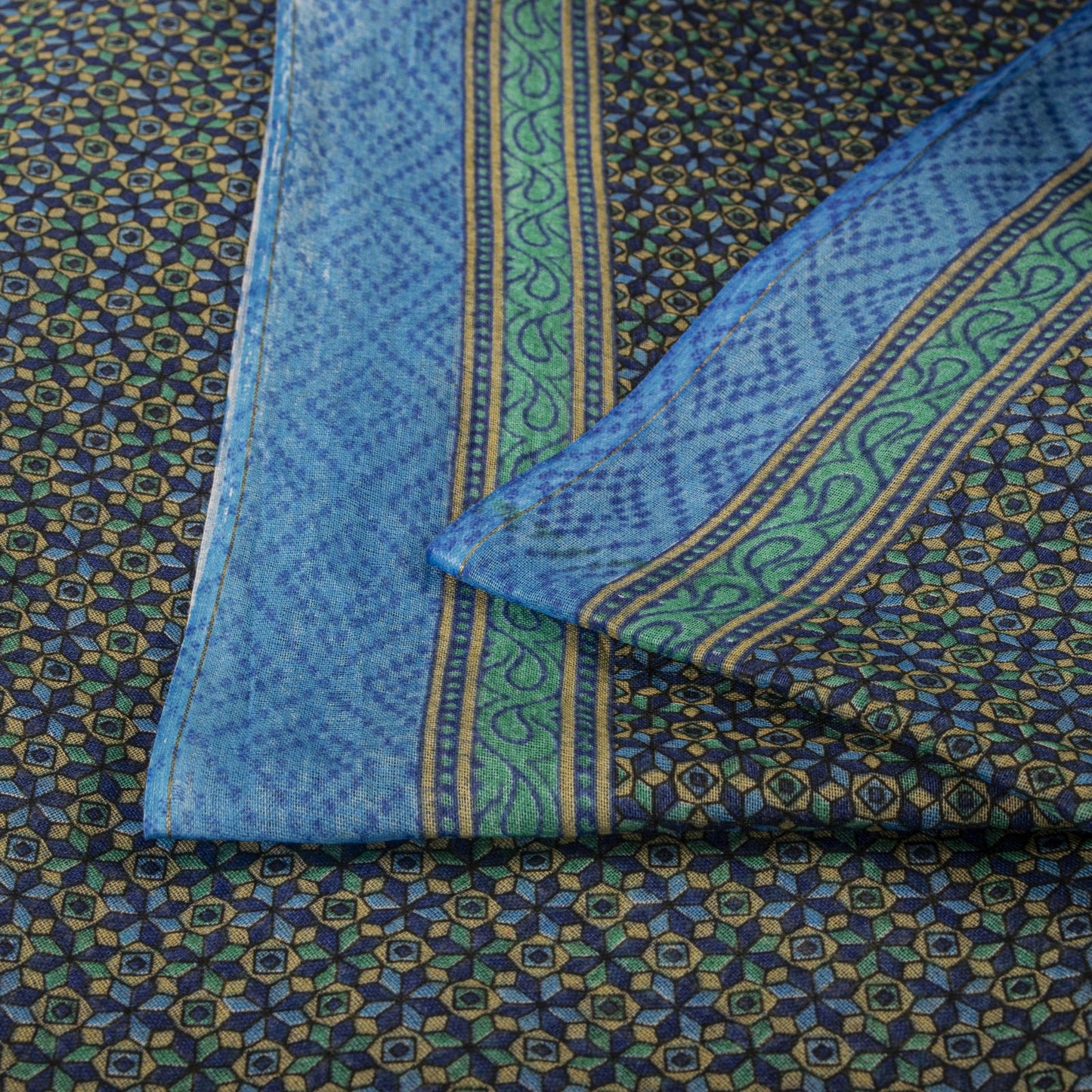 Sanskriti Vintage Saree Blue 100% Pure Cotton Ajrakh Inspired Geometric Printed Fabric 5+Yard Craft Fabric Sari