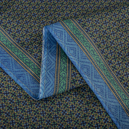 Sanskriti Vintage Saree Blue 100% Pure Cotton Ajrakh Inspired Geometric Printed Fabric 5+Yard Craft Fabric Sari
