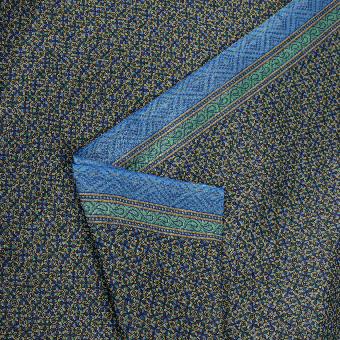 Sanskriti Vintage Saree Blue 100% Pure Cotton Ajrakh Inspired Geometric Printed Fabric 5+Yard Craft Fabric Sari