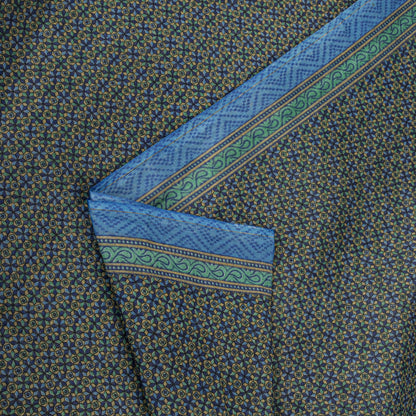 Sanskriti Vintage Saree Blue 100% Pure Cotton Ajrakh Inspired Geometric Printed Fabric 5+Yard Craft Fabric Sari