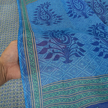 Sanskriti Vintage Saree Blue 100% Pure Cotton Ajrakh Inspired Geometric Printed Fabric 5+Yard Craft Fabric Sari