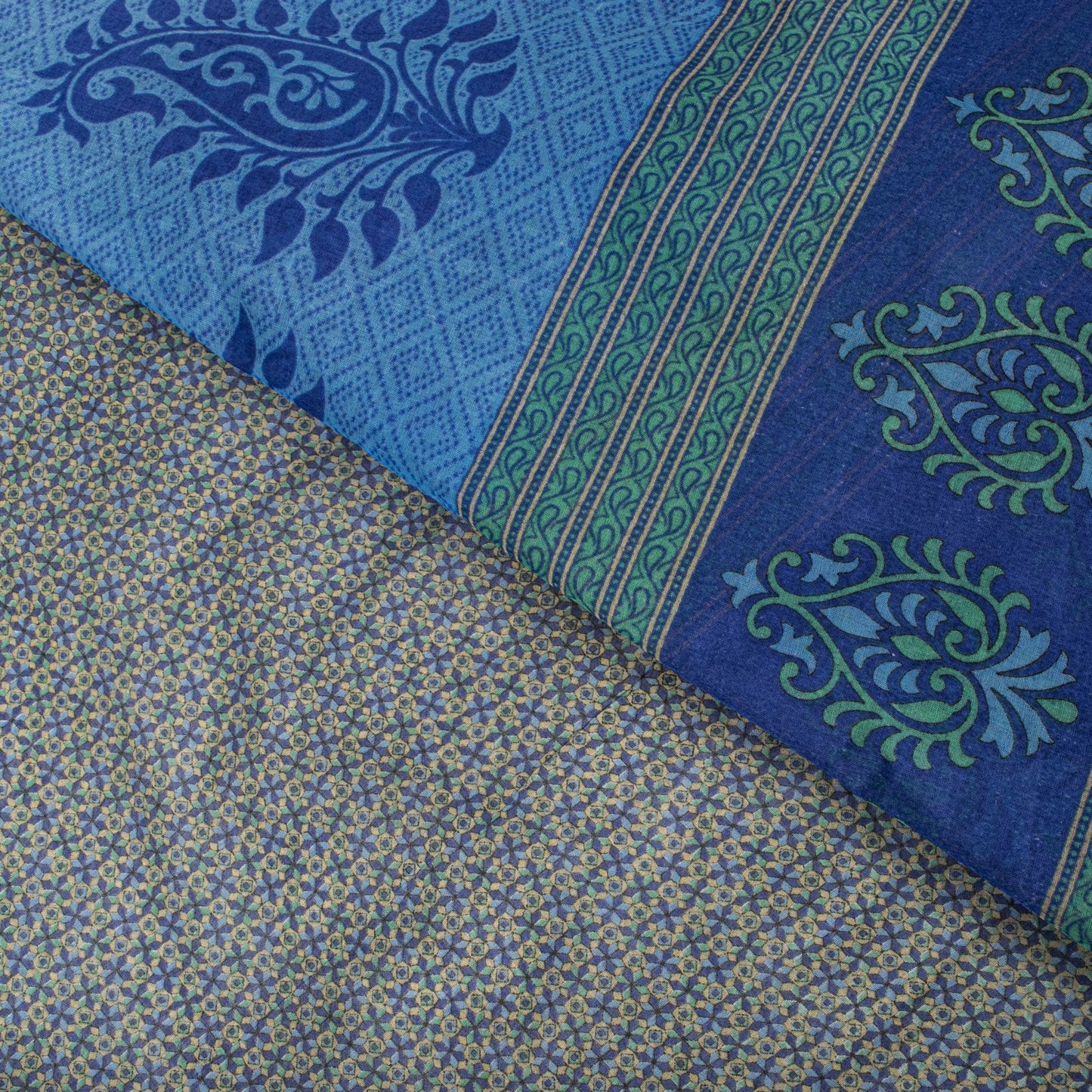 Sanskriti Vintage Saree Blue 100% Pure Cotton Ajrakh Inspired Geometric Printed Fabric 5+Yard Craft Fabric Sari