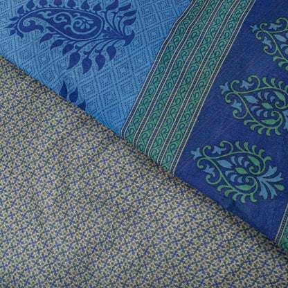 Sanskriti Vintage Saree Blue 100% Pure Cotton Ajrakh Inspired Geometric Printed Fabric 5+Yard Craft Fabric Sari