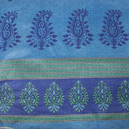 Sanskriti Vintage Saree Blue 100% Pure Cotton Ajrakh Inspired Geometric Printed Fabric 5+Yard Craft Fabric Sari