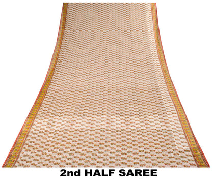 Sanskriti Vintage Saree White Kota Hand Woven Pure Cotton Hand Block Print Sari