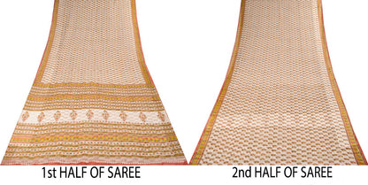 Sanskriti Vintage Saree White Kota Hand Woven Pure Cotton Hand Block Print Sari