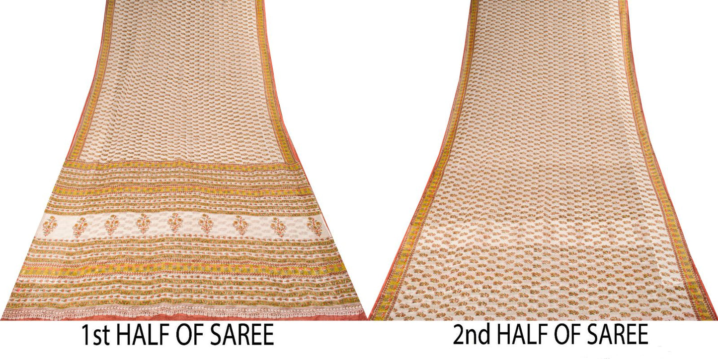 Sanskriti Vintage Saree White Kota Hand Woven/Doria Pure Cotton Hand Block Printed Fabric 5+Yard Craft Sari