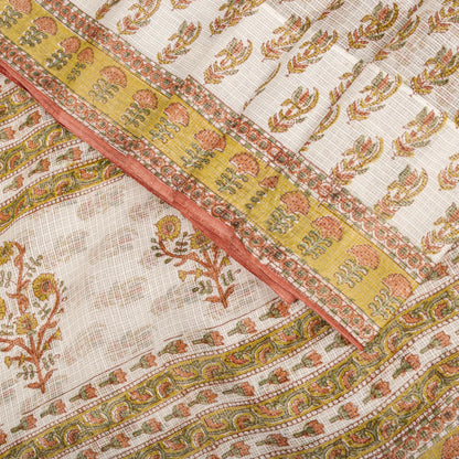 Sanskriti Vintage Saree White Kota Hand Woven Pure Cotton Hand Block Print Sari
