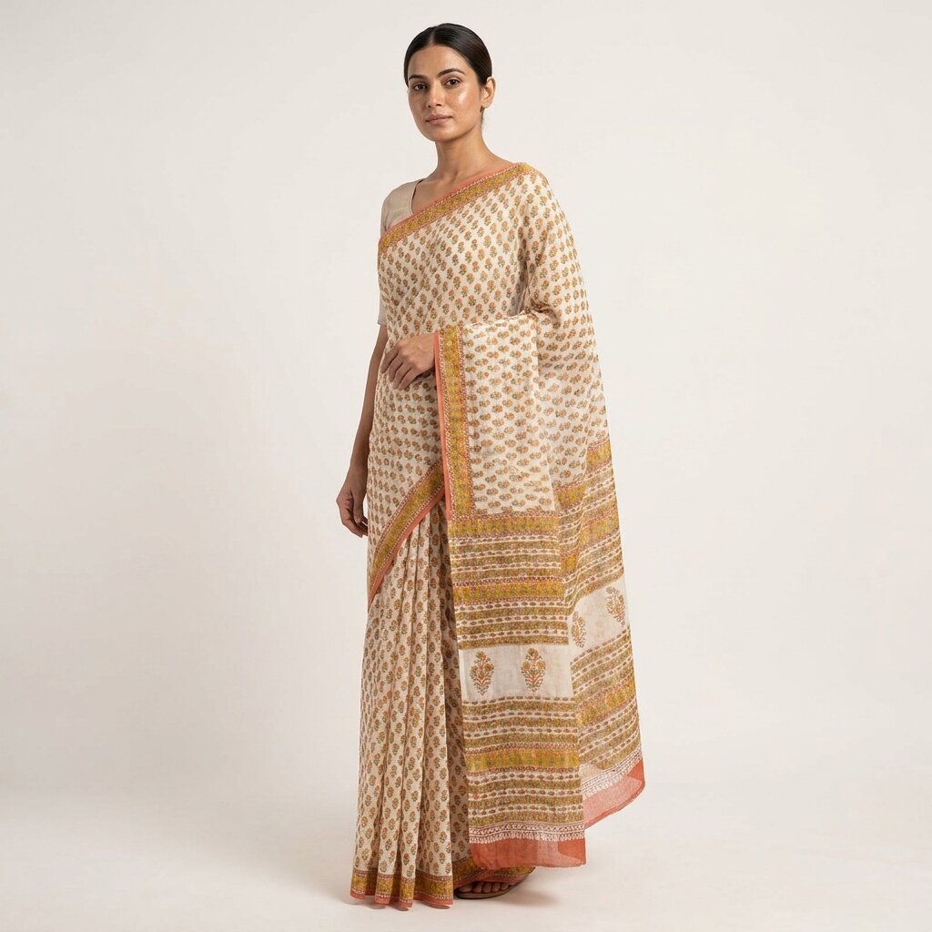 Sanskriti Vintage Saree White Kota Hand Woven/Doria Pure Cotton Hand Block Printed Fabric 5+Yard Craft Sari
