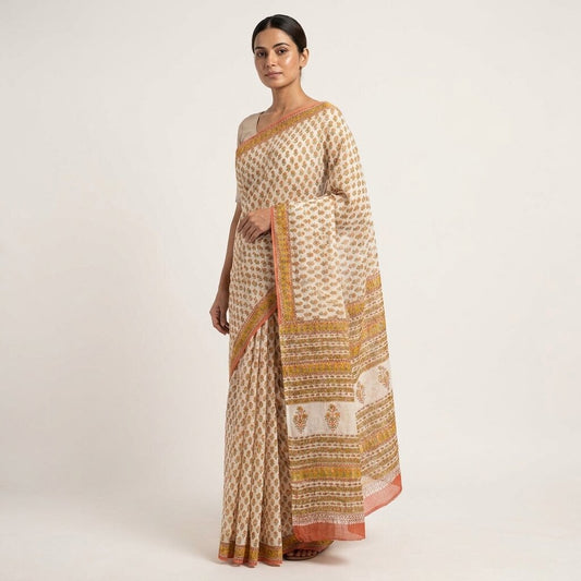 Sanskriti Vintage Saree White Kota Hand Woven/Doria Pure Cotton Hand Block Printed Fabric 5+Yard Craft Sari