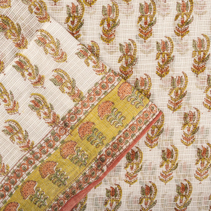 Sanskriti Vintage Saree White Kota Hand Woven/Doria Pure Cotton Hand Block Printed Fabric 5+Yard Craft Sari