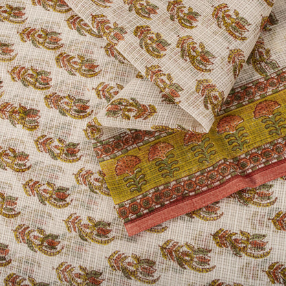 Sanskriti Vintage Saree White Kota Hand Woven/Doria Pure Cotton Hand Block Printed Fabric 5+Yard Craft Sari